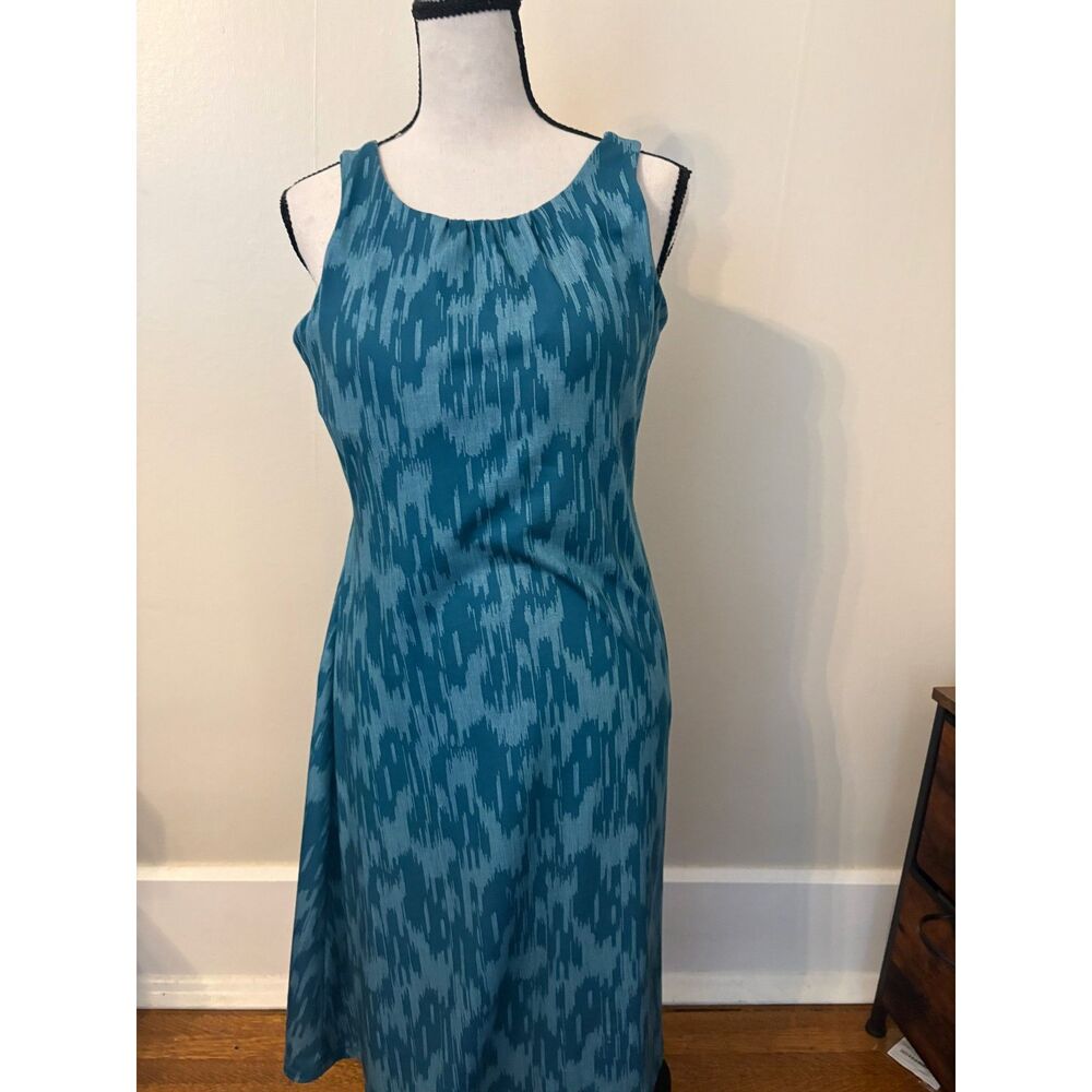 prAna Teal Ikat Print Open Back Dress | Women's Medium | Athletic Travel Dress